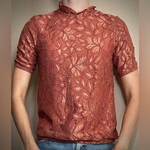 H&M Burnt Orange Fall Autumn Lace Blouse Short Sleeve Shirt XS